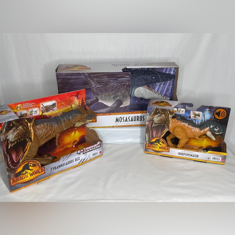 Lot of 3! Jurassic World Dinosaurs T-Rex, Skorpiovenator, Mosasaurus